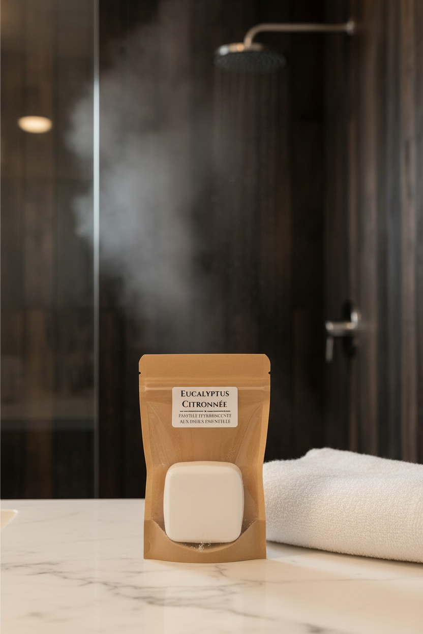 Emballage avec serviette et mur de bois foncé