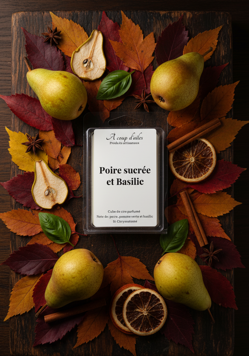 Poire sucrée et Basilic - emballage lit de feuilles