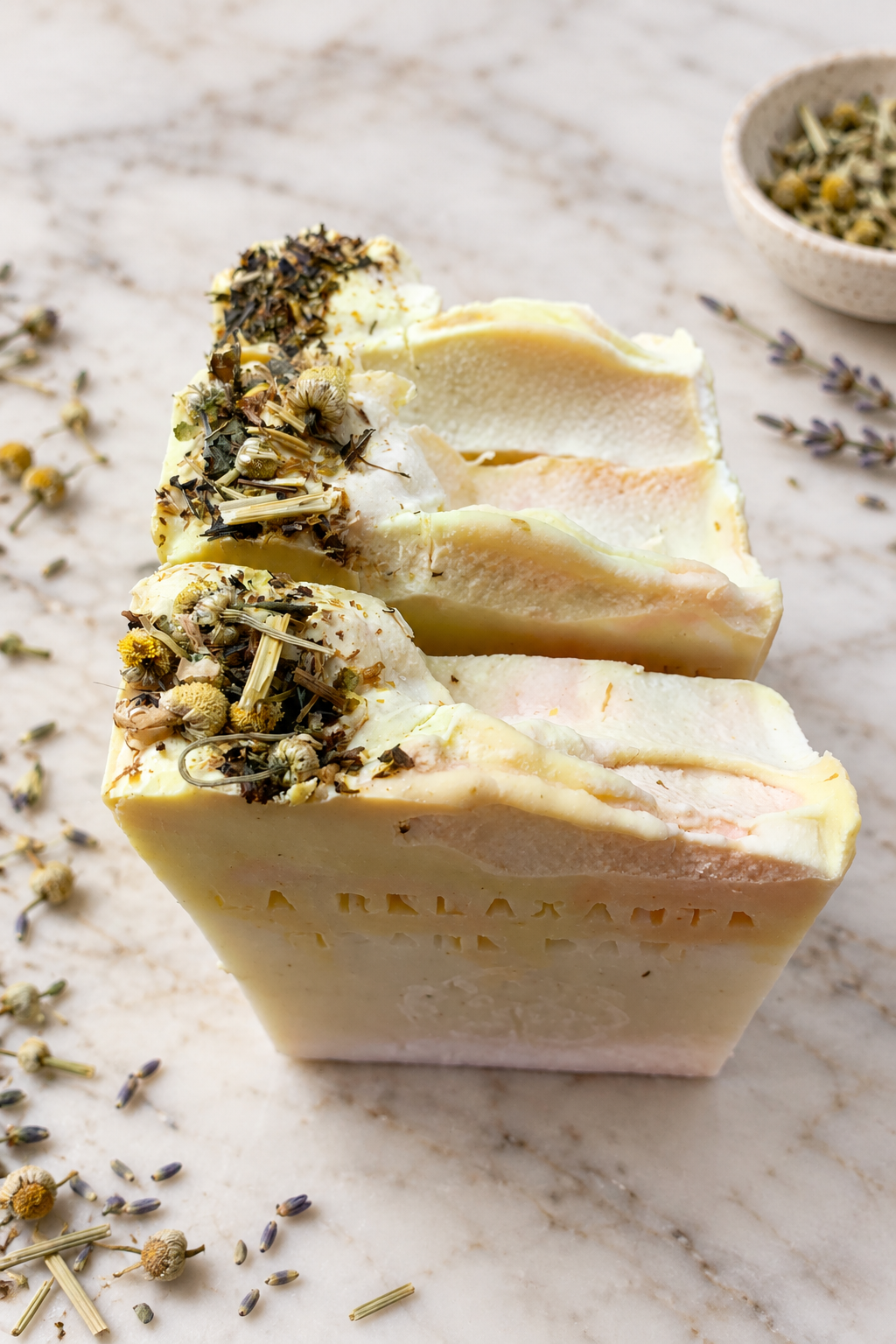 Savons sur marbre clair et herbes séchées